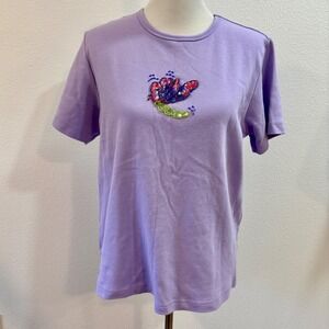 Quacker Factory Purple Butterfly Sequin Beaded Short Sleeve Knit Top Womens L